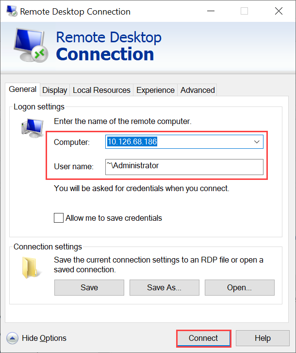 Captura de ecrã do painel Ligação ao Ambiente de Trabalho Remoto para ligar via RDP à sua VM do Windows.