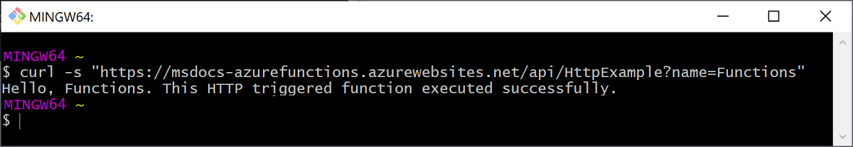 A saída da função é executada no Azure usando curl