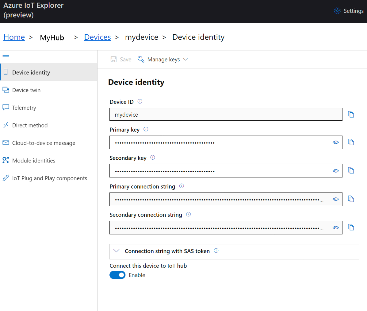 Captura de ecrã da identidade do dispositivo do Azure IoT Explorer.