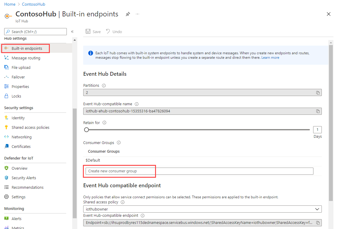 Captura de tela mostrando como criar um grupo de consumidores em seu hub IoT.