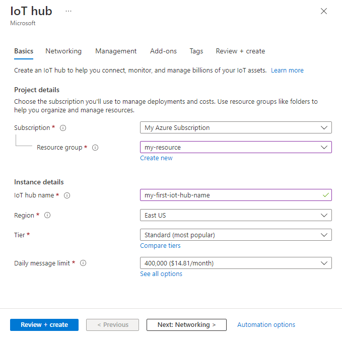 Captura de tela que mostra como criar um hub IoT no portal do Azure.