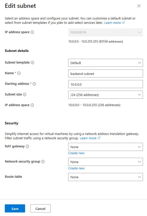 Captura de tela da renomeação e configuração padrão da sub-rede.