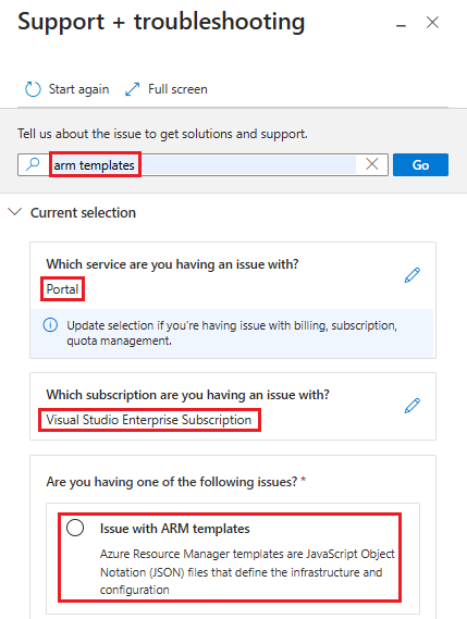 Captura de tela da solicitação de suporte a modelos ARM.