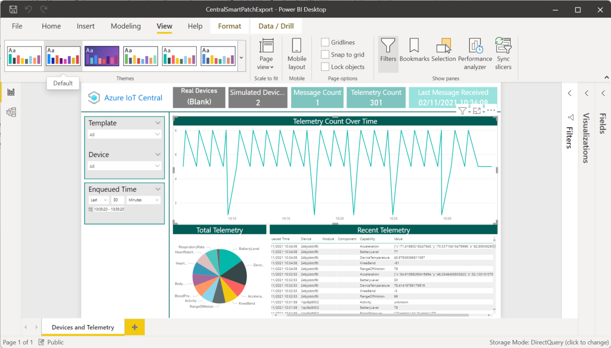 Captura de ecrã do relatório do Power BI que mostra dados do IoT Central.