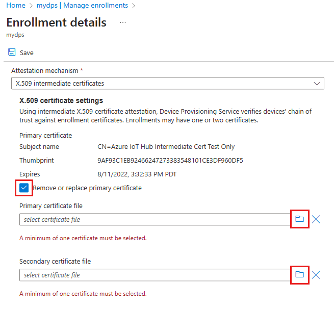 Captura de tela que mostra a substituição de um certificado intermediário para um grupo de inscrição.