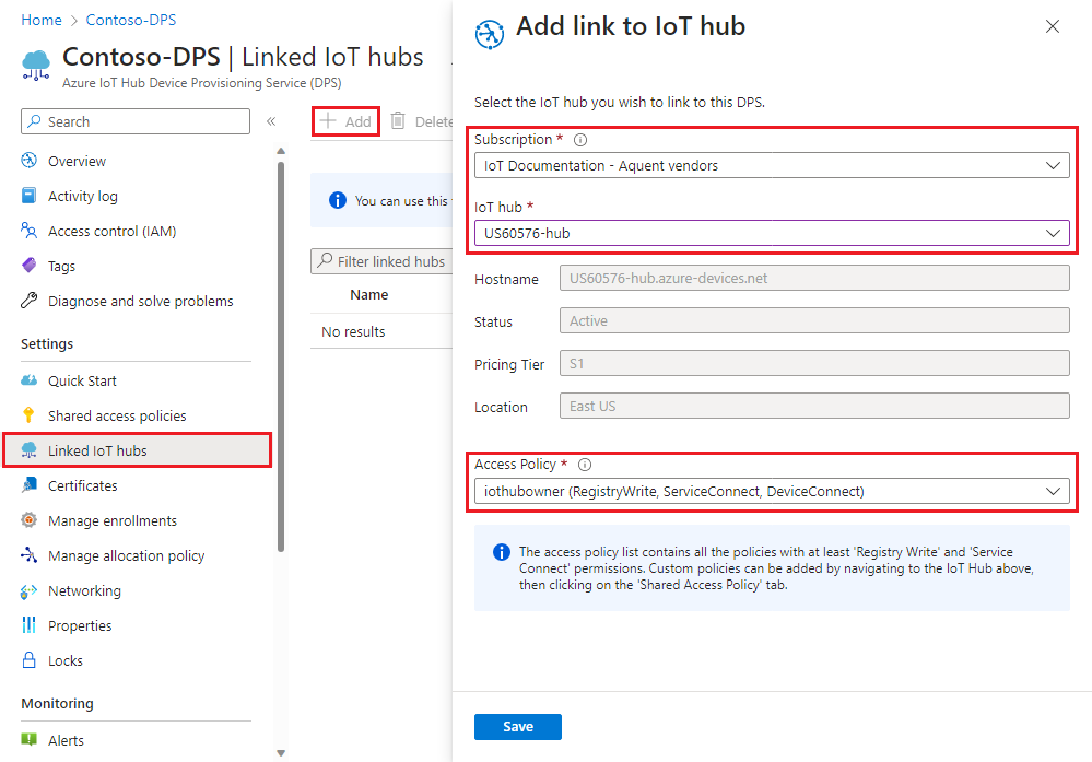 Captura de tela mostrando como vincular um hub IoT à instância do Serviço de Provisionamento de Dispositivo no portal.