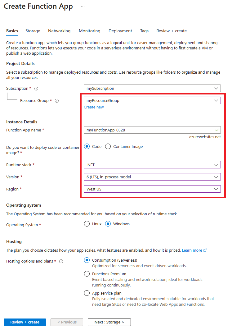 Captura de ecrã que mostra o formulário Criar Aplicação de Função no portal do Azure.