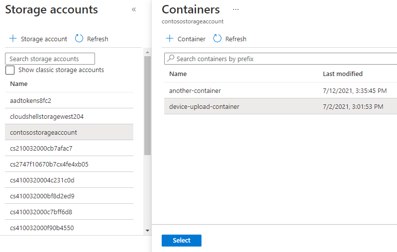 Captura de ecrã a mostrar como visualizar contentores de armazenamento para carregamento de ficheiros.