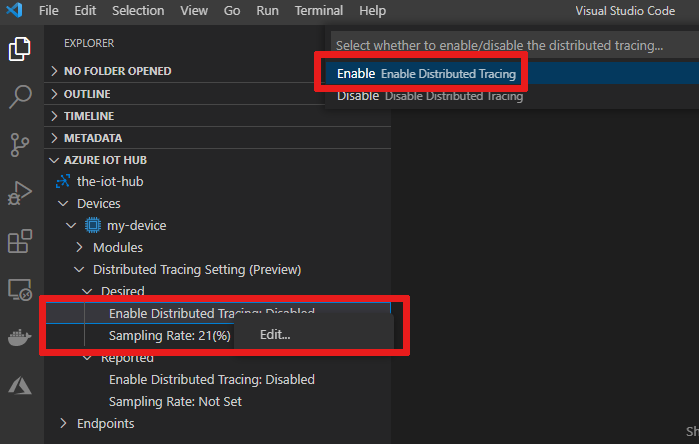 Captura de tela que mostra como habilitar o rastreamento distribuído na extensão do Hub IoT do Azure.