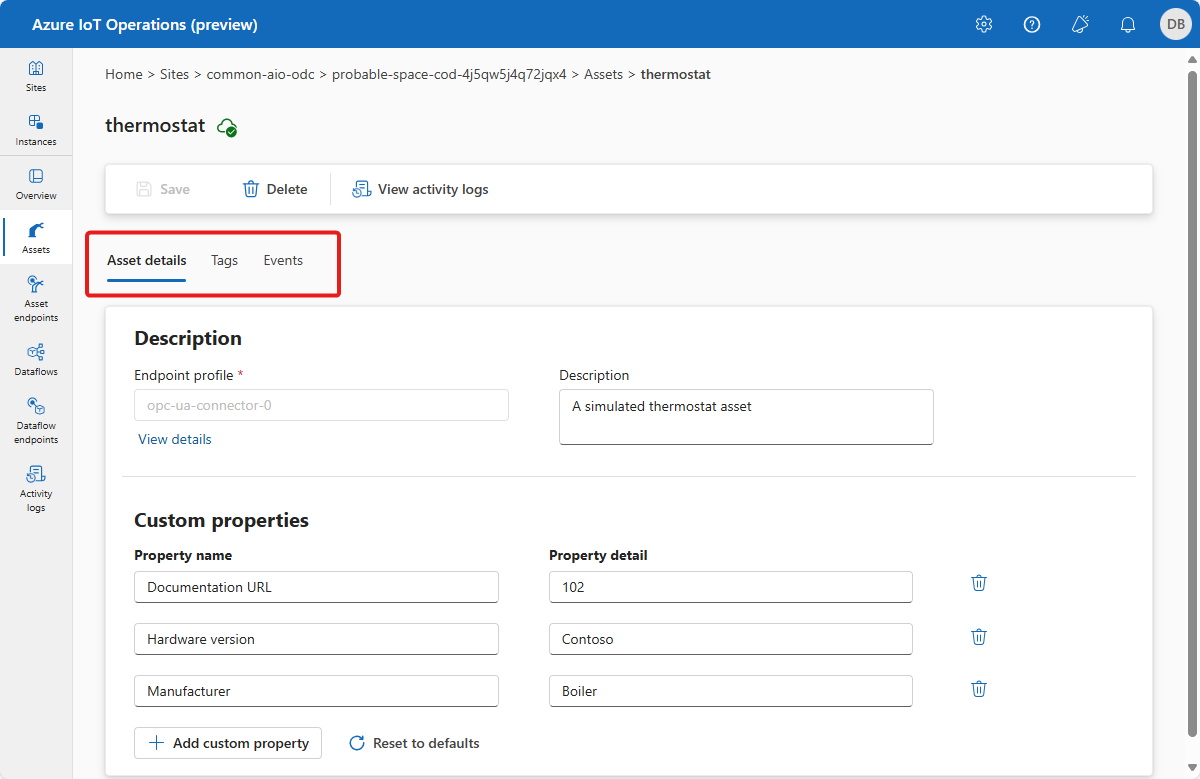 Uma captura de tela que mostra como atualizar um ativo existente na experiência de operações.