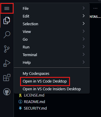 Captura de tela que mostra a abertura do espaço de código no VS Code Desktop.