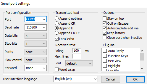 Captura de tela das configurações da porta serial no aplicativo Cupim.