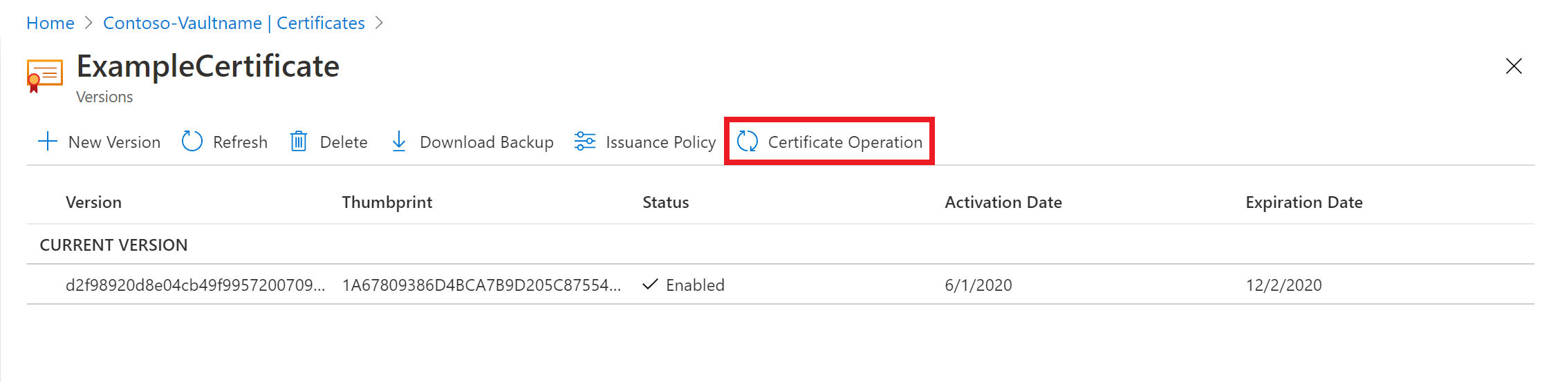 Captura de ecrã que mostra o separador Operação de Certificado.