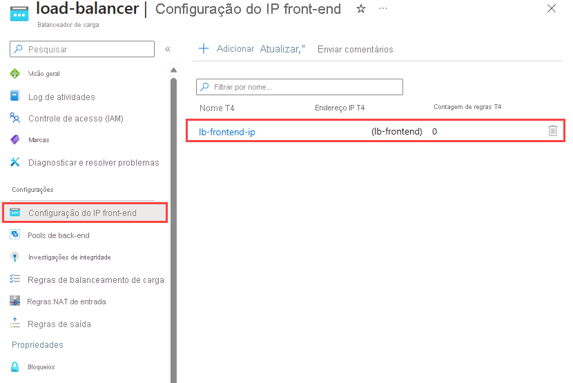 Captura de tela da configuração de IP frontend.