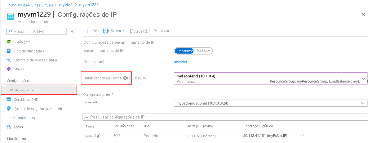 Captura de tela da configuração de IP nic.