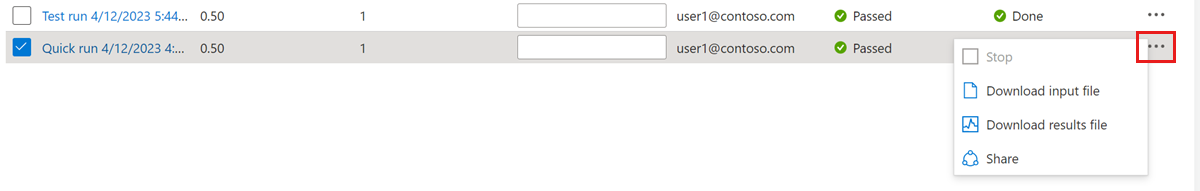 Screenshot that shows the test run context menu in the Azure portal to download input files, results file, and share a link.