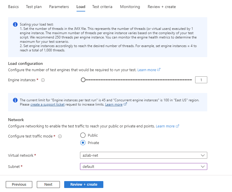 Captura de tela que mostra como configurar o número de instâncias do mecanismo de teste ao criar um teste no portal do Azure.