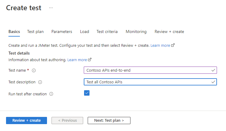 Captura de tela que mostra a página para criar um teste com um script J Meter no portal do Azure.