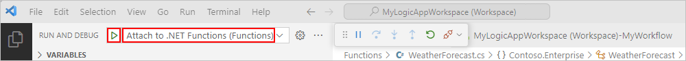 A captura de tela mostra a lista Executar e Depurar com Anexar a NET Functions (Funções) selecionado e o botão Reproduzir selecionado.