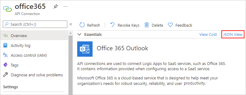 Captura de ecrã que mostra o portal do Azure e o painel Ligação à API com a opção 