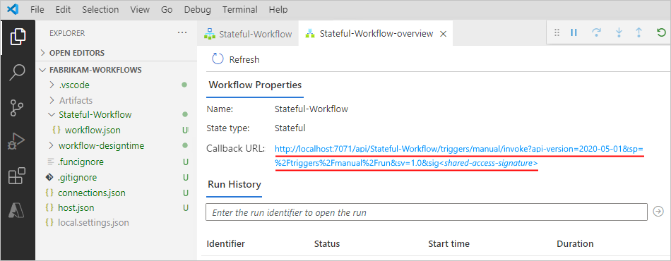 A captura de tela mostra a página de visão geral do fluxo de trabalho com URL de retorno de chamada.