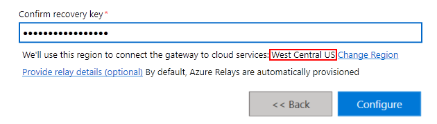 Screenshot of part of the gateway installer window. The gateway cloud service region is highlighted.