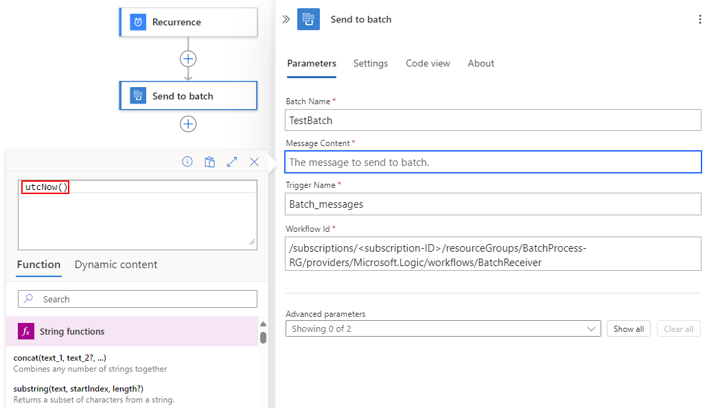 A captura de tela mostra o fluxo de trabalho padrão, o painel de ação do remetente em lote, a caixa Conteúdo da mensagem com cursor, o editor de expressões com a função utcNow e outros detalhes.