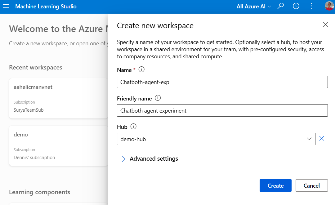 Captura de tela da criação de um espaço de trabalho usando o hub no Estúdio do Azure Machine Learning.