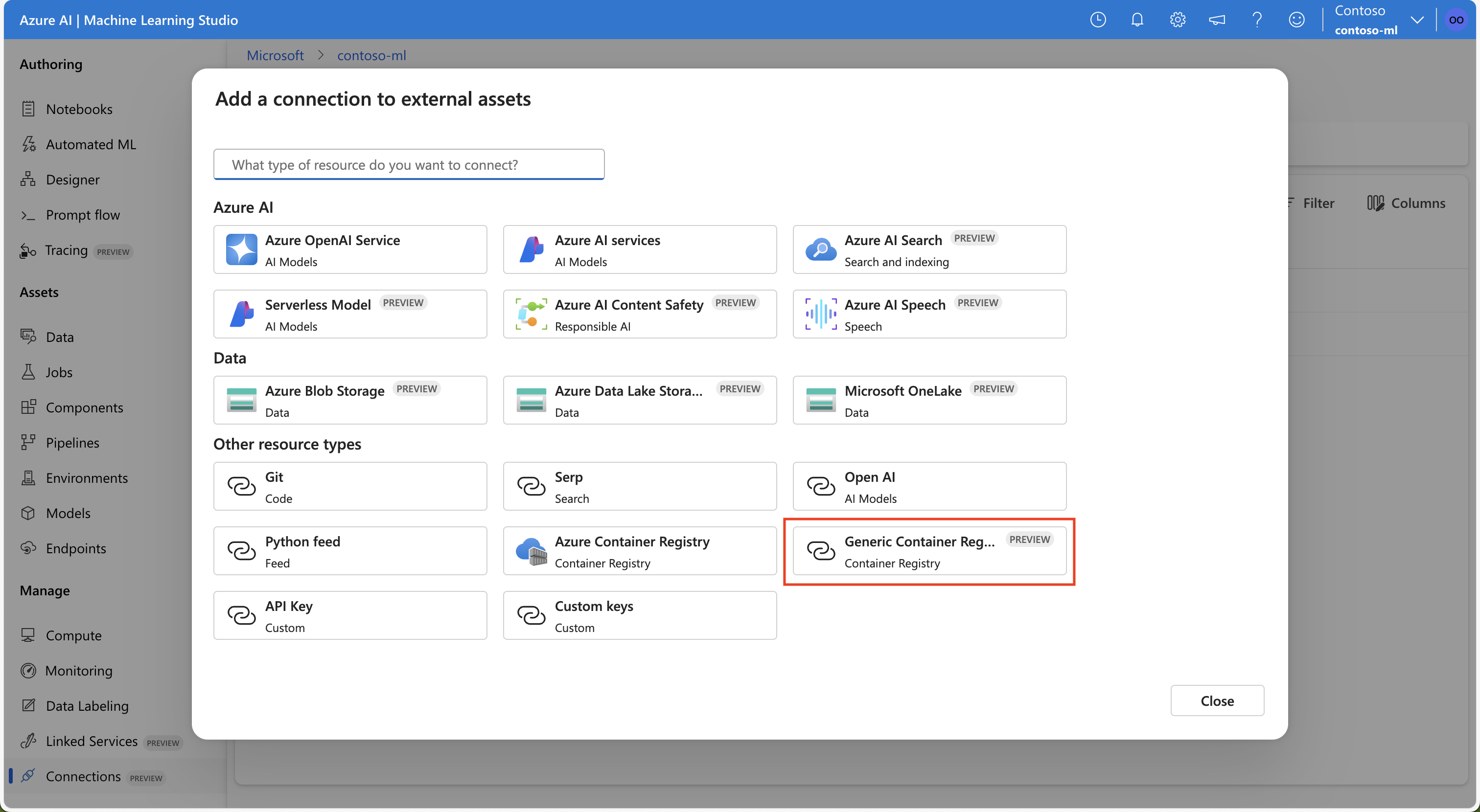 Captura de tela destacando a opção de se conectar a um registro de contêiner genérico na interface do usuário do estúdio do Azure Machine Learning.