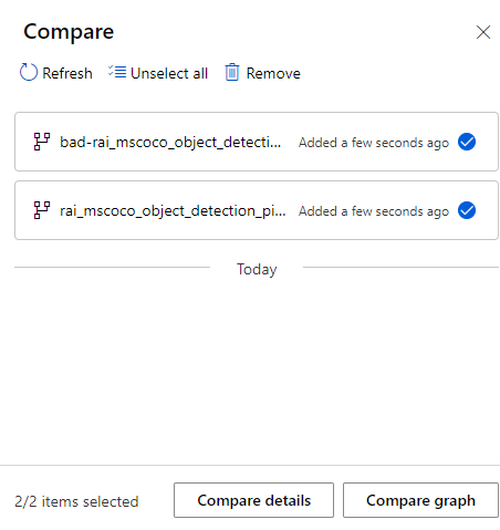 Captura de tela mostrando a lista de comparação com um pipeline pai e filho adicionado.