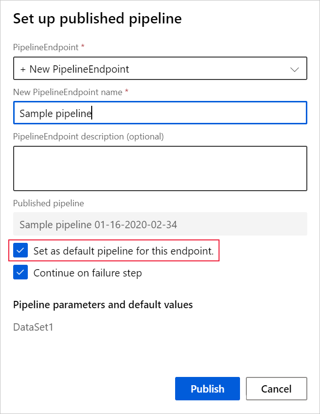 Captura de tela da configuração do pipeline publicado com o pipeline definido como padrão para este ponto de extremidade verificado.