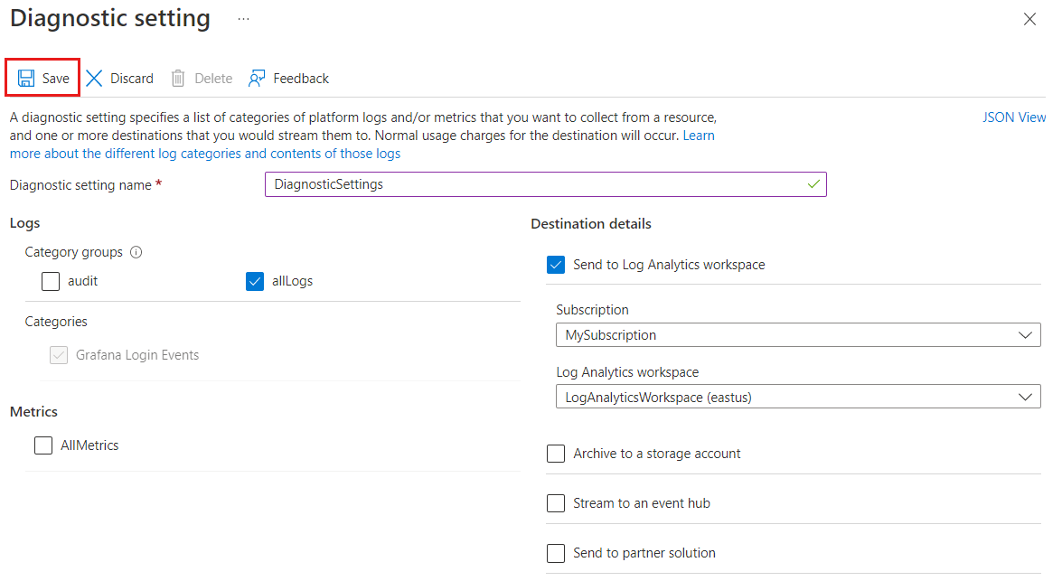 Captura de ecrã da plataforma Azure. Configuração de definições de diagnóstico.