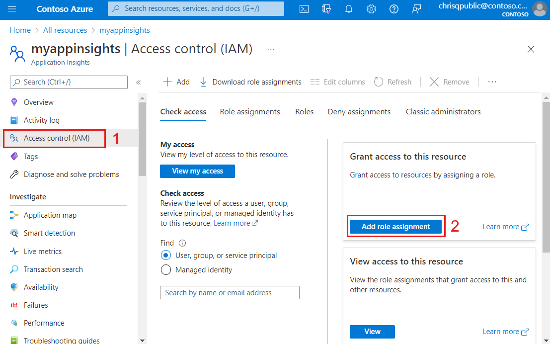 Captura de ecrã da plataforma Azure para adicionar atribuição de função no App Insights.