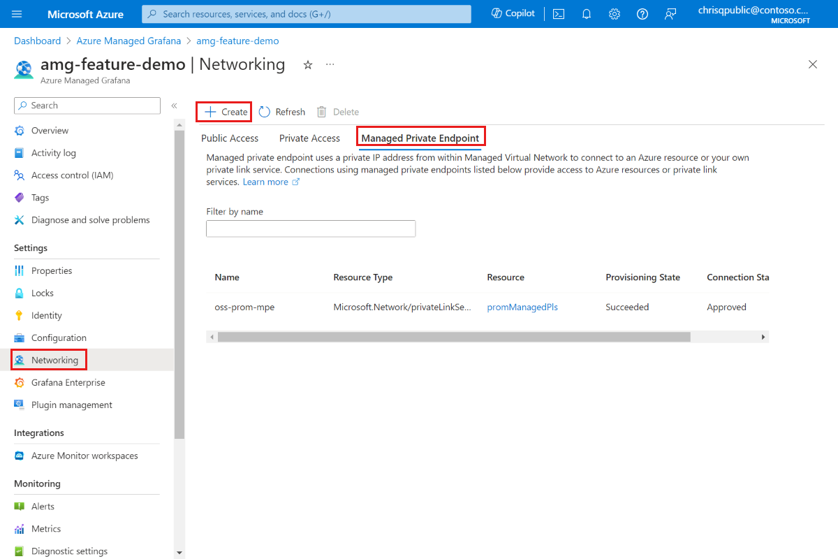 Captura de ecrã da plataforma Azure a mostrar a página de pontos de extremidade privados geridos num recurso do Azure Managed Grafana.