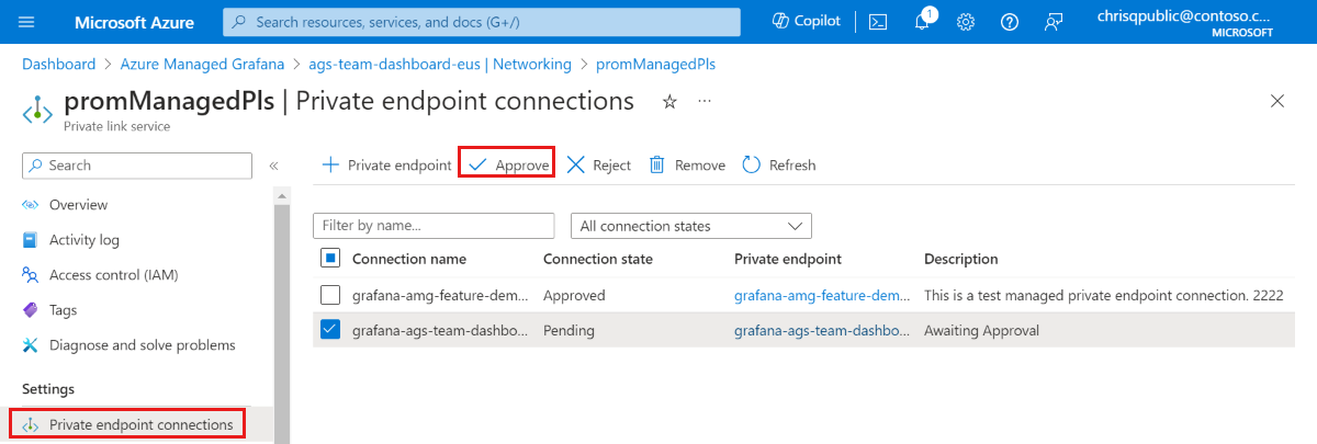 Captura de ecrã da plataforma Azure a mostrar a ação Aprovar ligação.