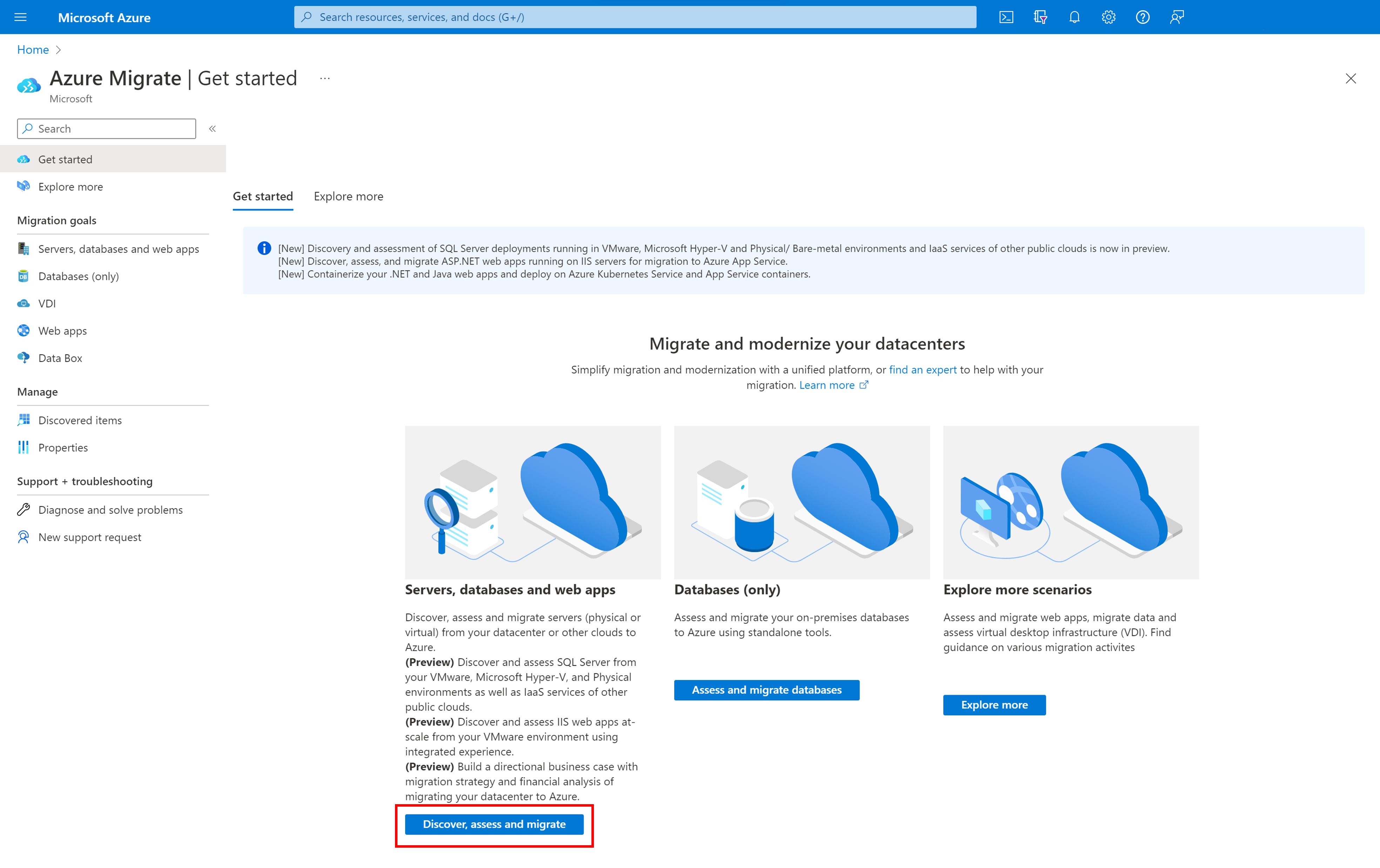 Captura de ecrã do botão descobrir, avaliar e migrar servidores.