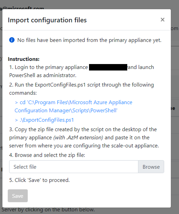 Captura de tela do modal Importar arquivos de configuração.