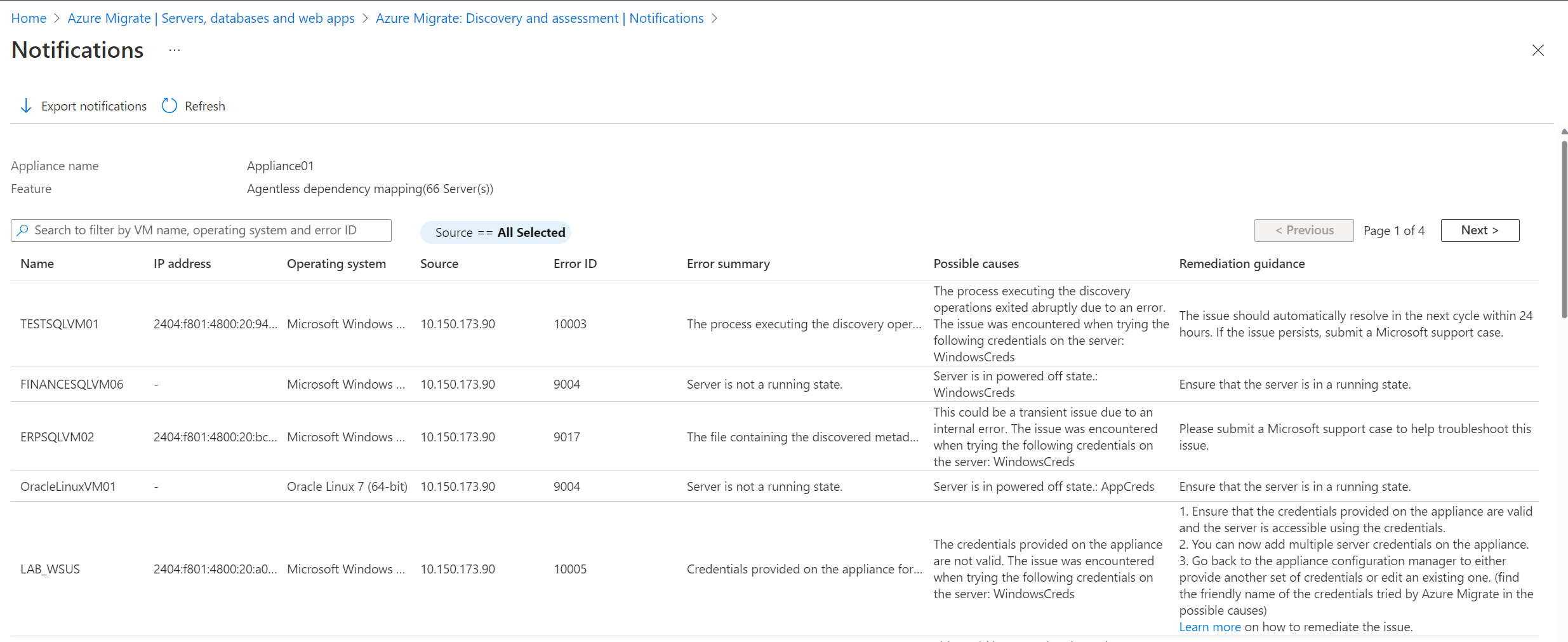 Captura de ecrã do ecrã Exportar notificações.