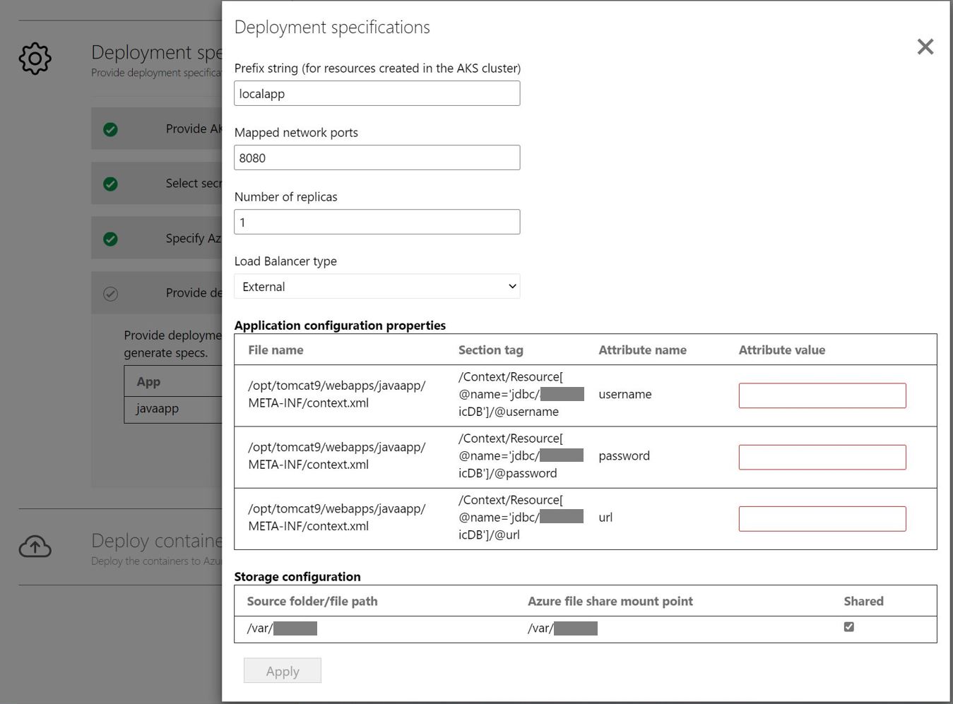 Captura de tela para a configuração do aplicativo de implantação.