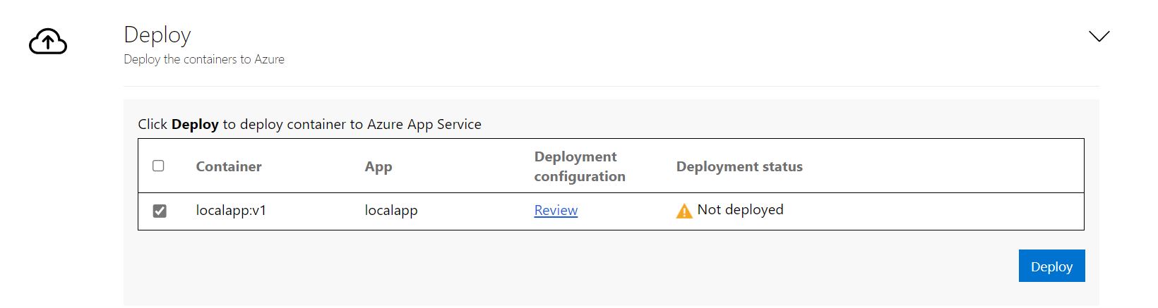 Captura de tela para a configuração de implantação do aplicativo.