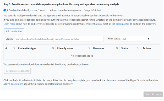 Captura de tela que mostra o fornecimento de credenciais para inventário de software e análise de dependência.