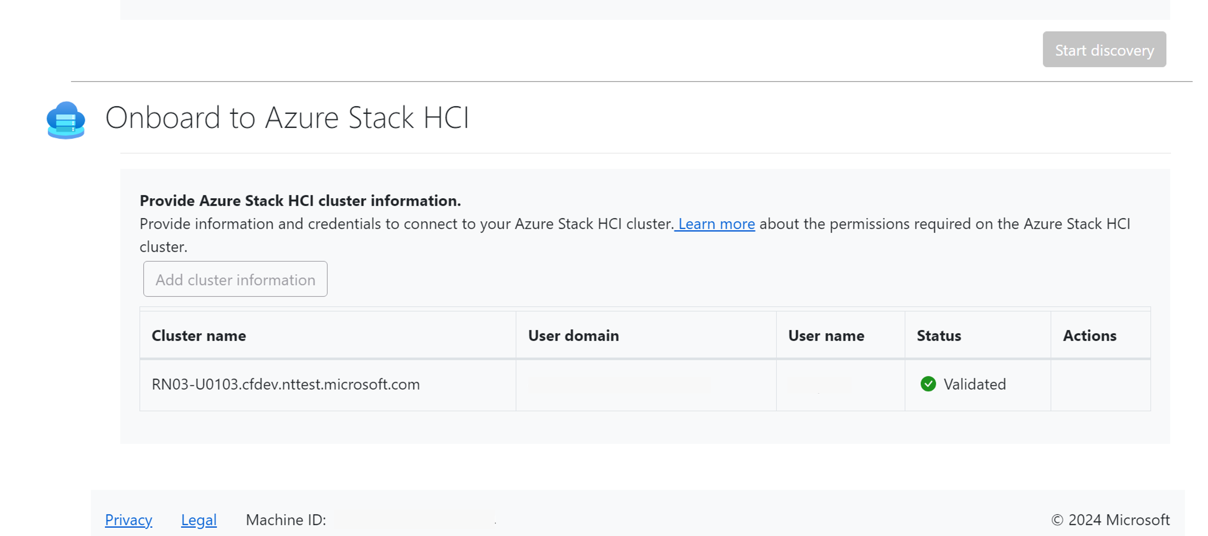 Captura de tela que mostra a seção HCI Onboard to Azure Stack.