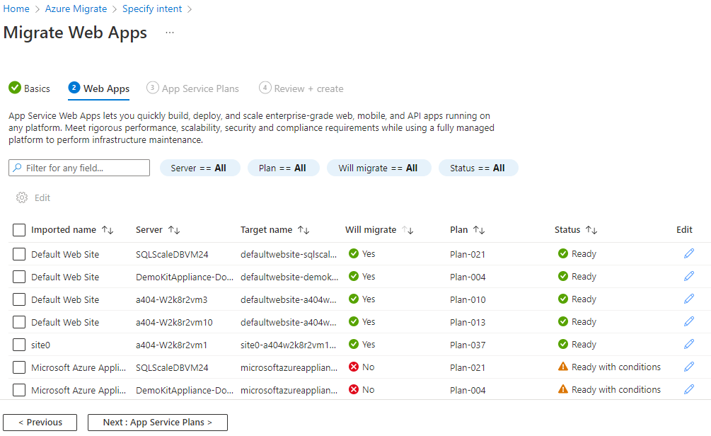 Screenshot of Azure Migrate Web Apps screen.