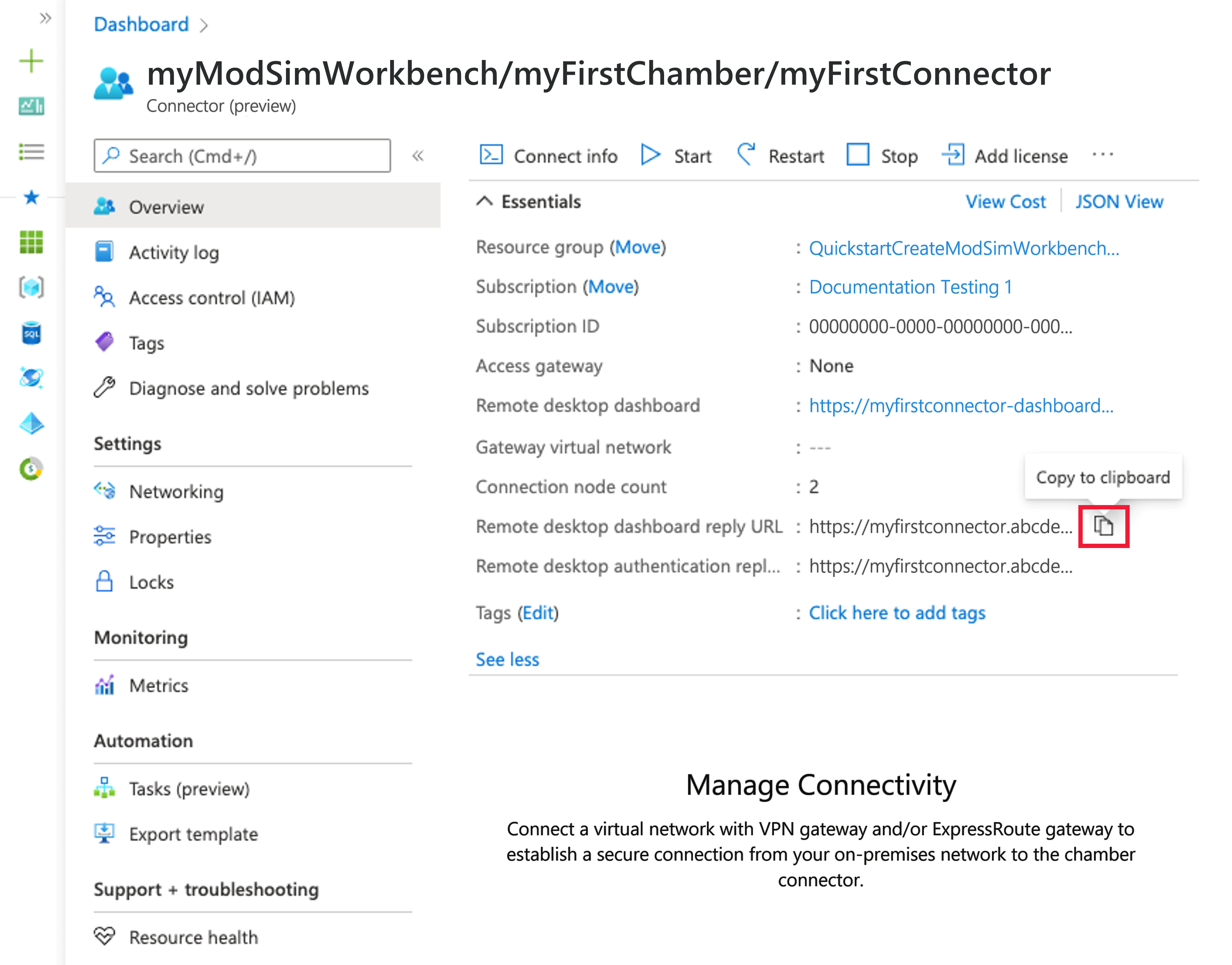 Captura de tela da página de visão geral do conector mostrando onde você seleciona os URLs de resposta.