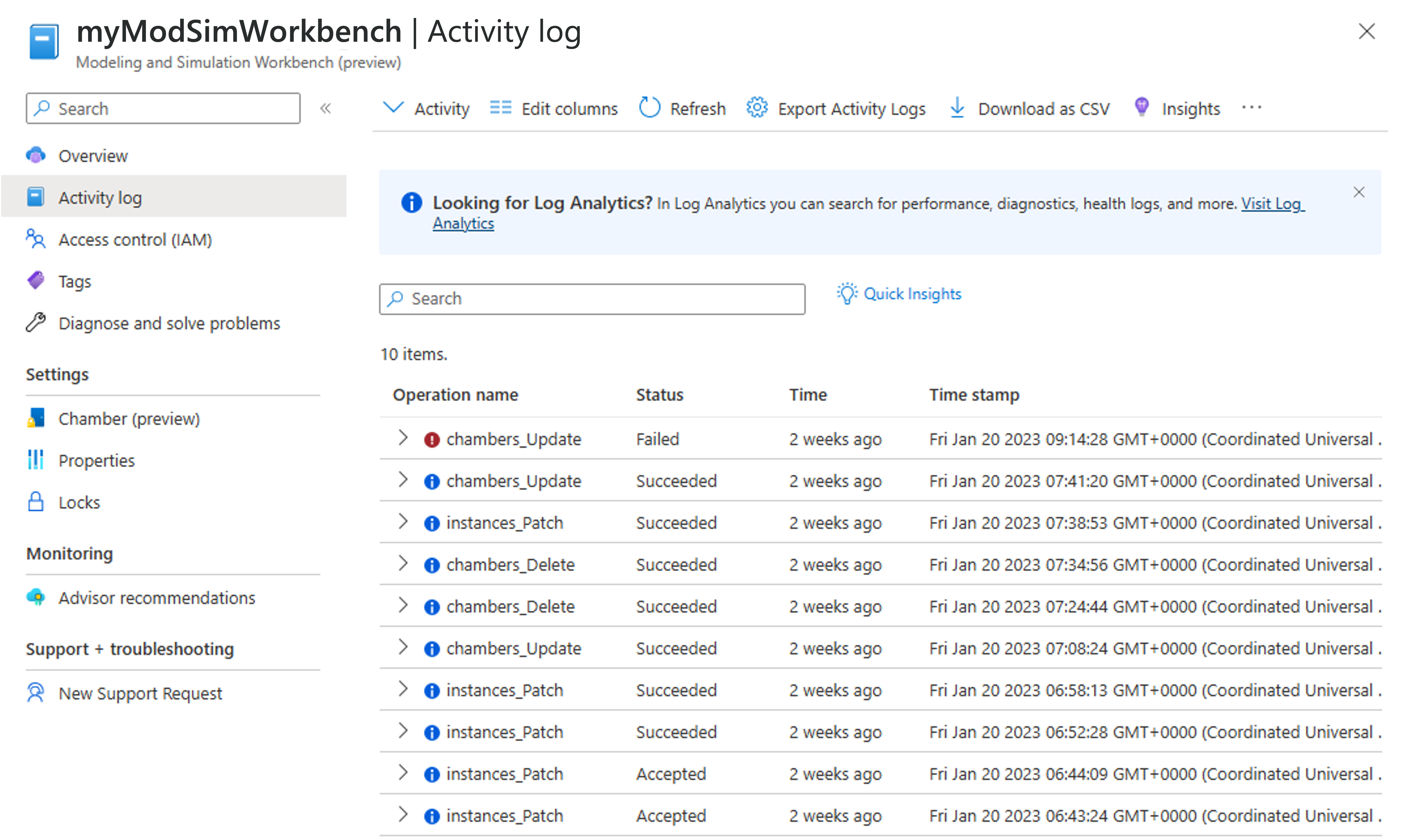 Captura de tela do portal do Azure em um navegador da Web, mostrando o log de atividades de um workbench.