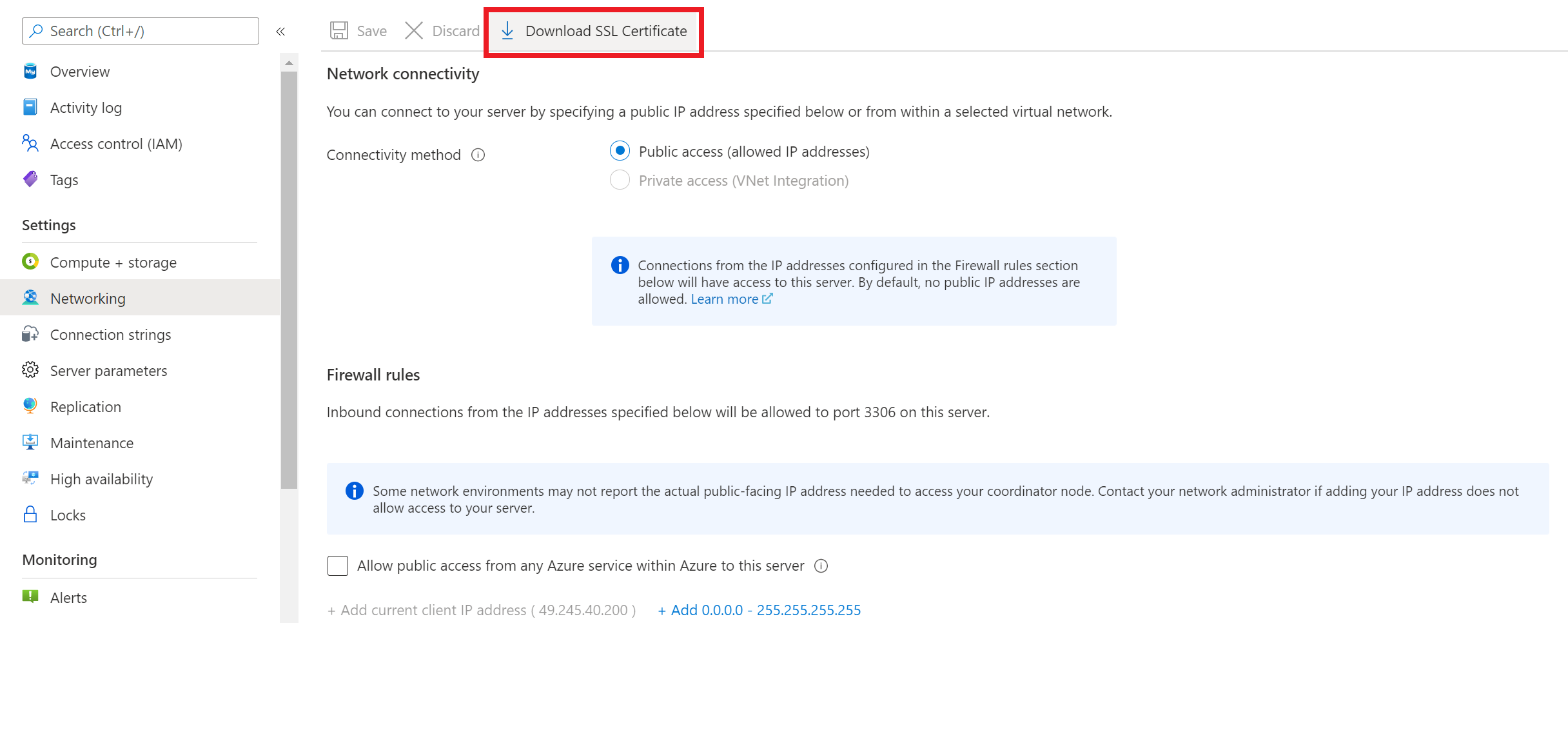 Captura de tela mostrando como baixar o certificado SSL público do portal do Azure.