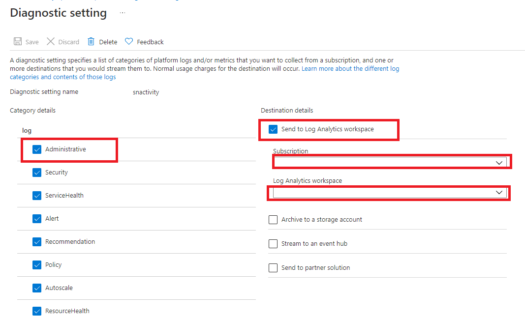 Captura de ecrã do painel 'Configuração de diagnóstico' do Azure Monitor para selecionar destinos de registo.