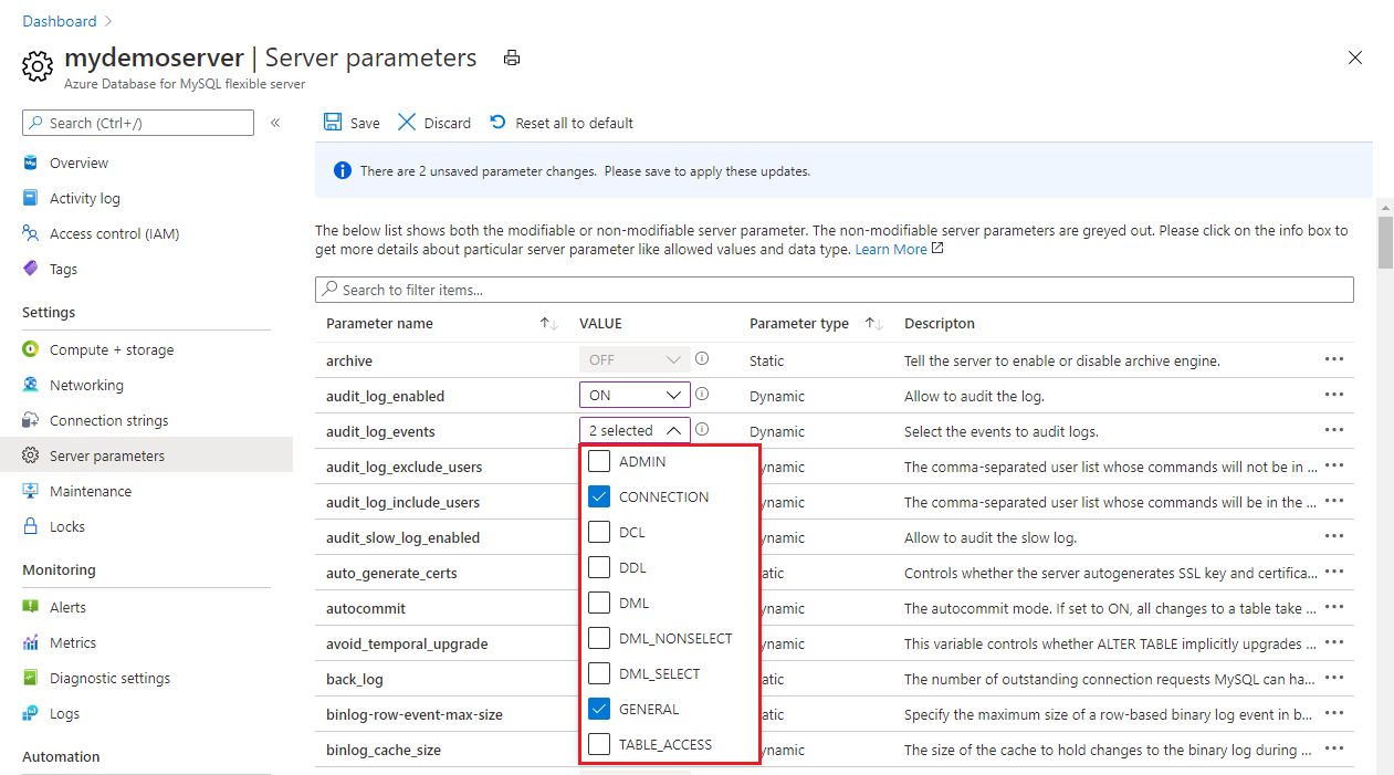 Captura de ecrã das opções de evento na lista pendente 'audit_log_events'.