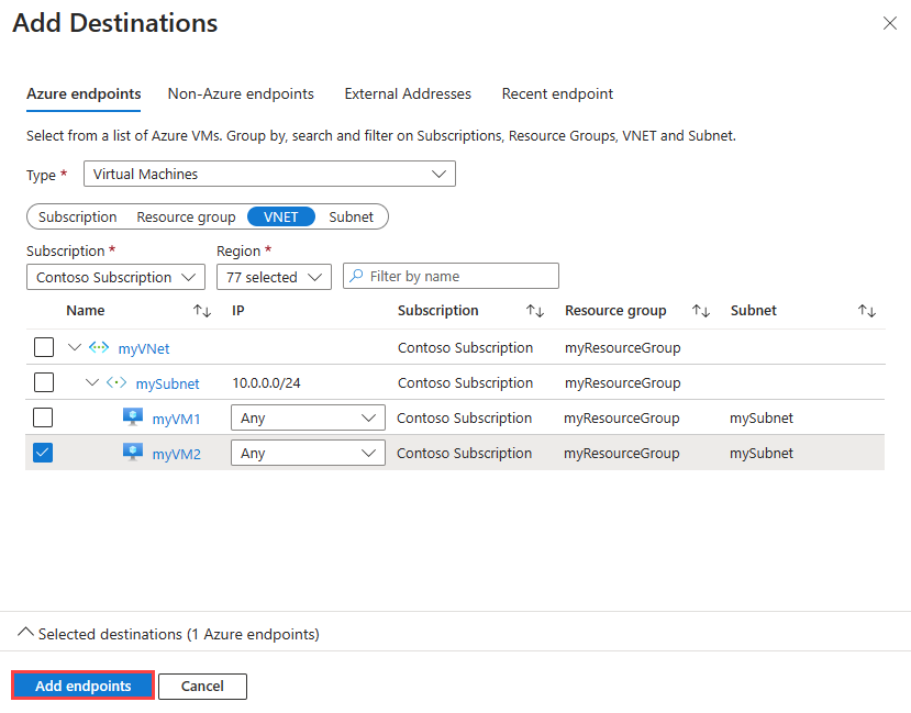 A captura de tela mostra como adicionar um ponto de extremidade de destino para um monitor de conexão no portal do Azure.