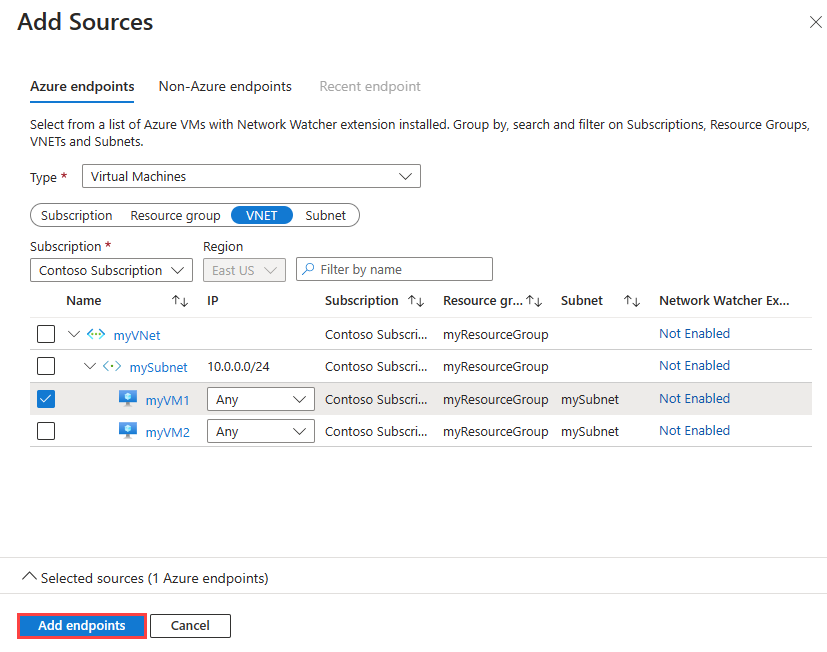 A captura de tela mostra como adicionar um ponto de extremidade de origem para um monitor de conexão no portal do Azure.